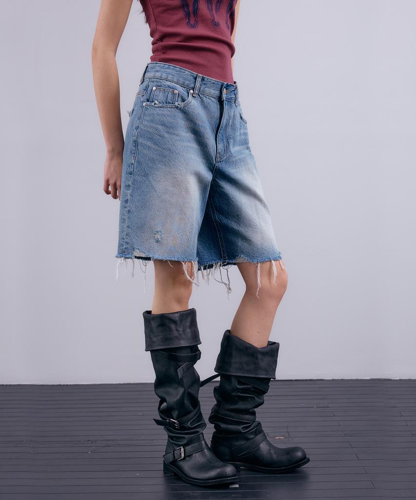 NUAKLE (W) Cut Edge Half Denim_Blue
