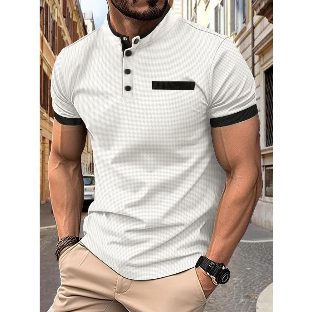 Men's summer casual polo shirt: checked, stand-up collar, short-sleeved sports shirt