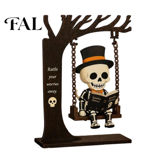 Indoor Outdoor Halloween Decorations Funny Swing Ornament, Witch/Skeleton/Mummy/Pumpkin Ghost Sitting on Hanging Decoration Reading Book Figurine for