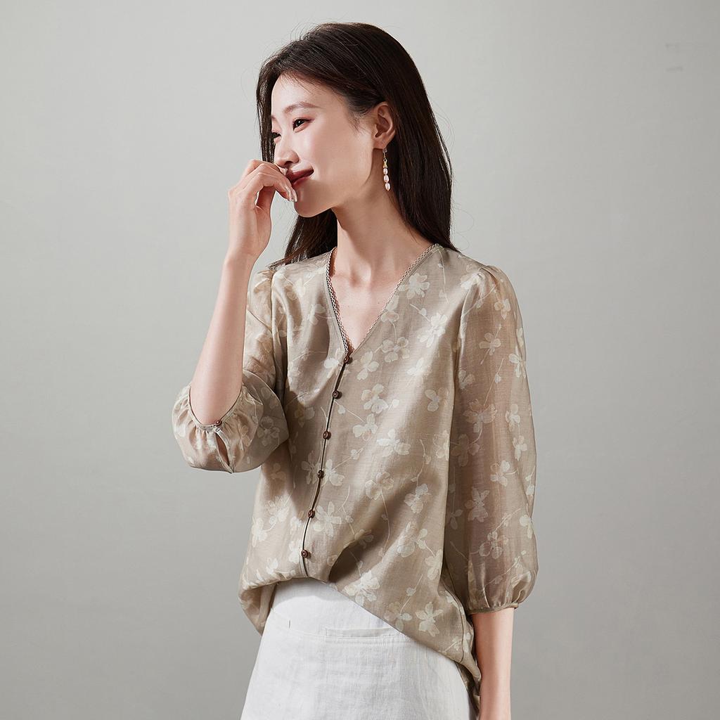 Lyocell linen printed shirt for women, 2026 spring commuting versatile V-neck seven quarter sleeve niche top