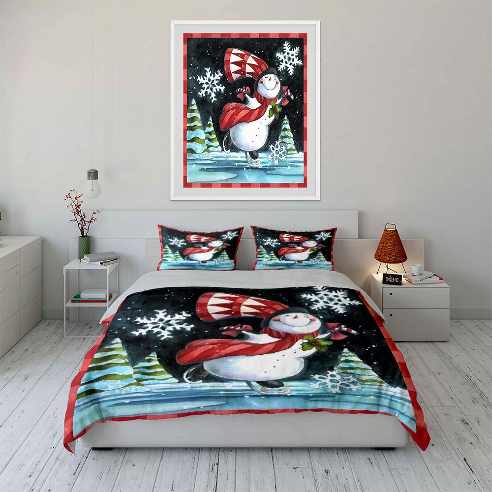 Snowman Ice Skating Scene Bedding Duvet Cover Set Duvet Cover Pillowcases (1*Duvet Cover 2*Pillowcases, without duvet insert)