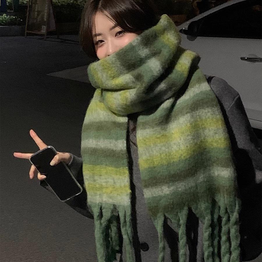 New Autumn And Winter Rainbow Mohair Plaid Scarf For Warmth, Versatility, Luxury, Elongated And Thickened Scarf, Shawl For Trendy Women
