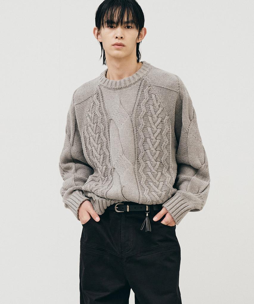 NOIRER Heavy Multi-Cable Oversized Sweater (Melange Grey)