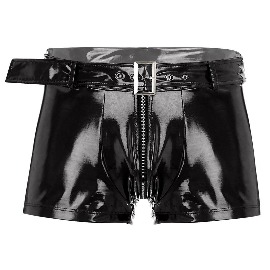 Mens Shiny Boxer Briefs with Waist Belt Zipper Opening Nightclub Underwear
