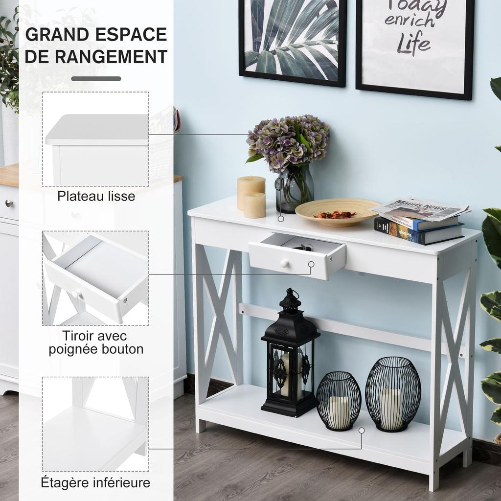 Table Console Table Entrance With 1 Drawer + 1 Shelf Dim. 100L X 30W X 81H Cm In Wood White
