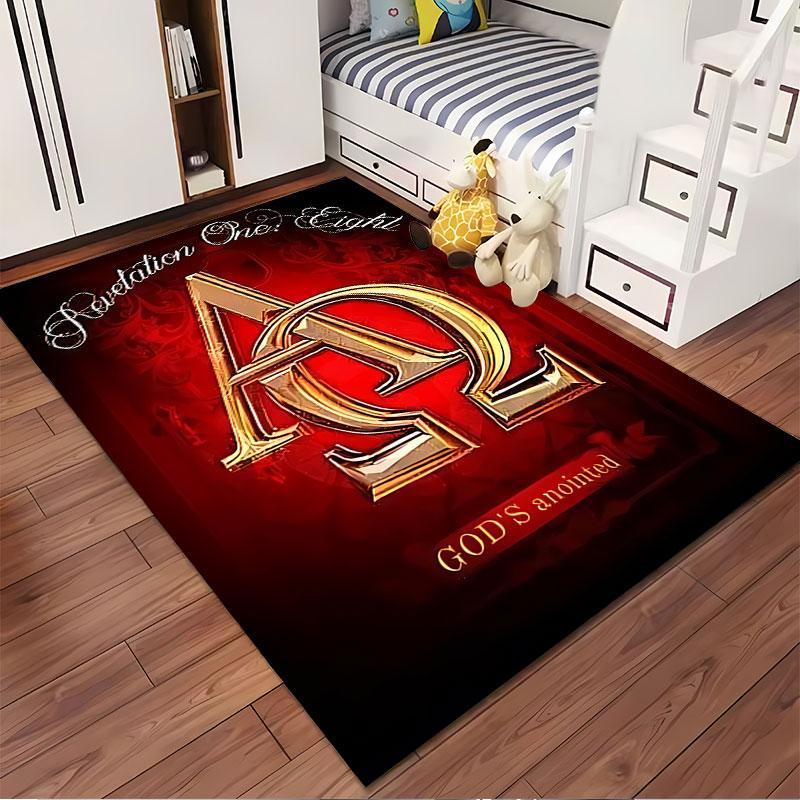 Alpha Omega Red Religious Carpet suitable as a non-slip mat for the living room or bedroom sofa