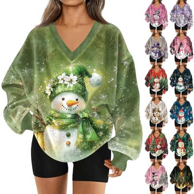 Женский модный пуловер с V-образным вырезом, рождественским принтом и длинными рукавами, повседневный, плюшевый, теплый, толстовка-топ