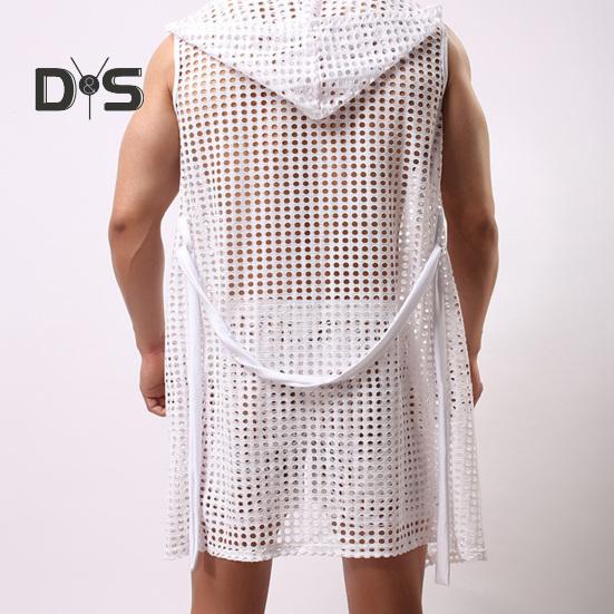 Men Sexy Hooded Nightgown Sleeveless Solid Color Hollow Out Mesh Summer Loungewear Lace-up Night Robe Homewear