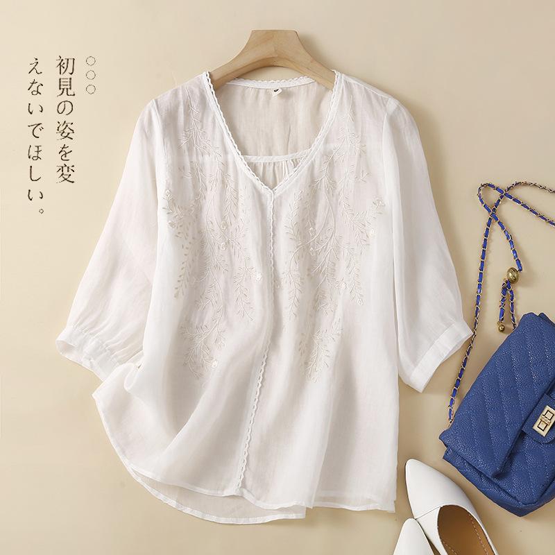 Summer Women's Shirt Medium-sleeved Cotton Linen Shirt Embroidered Thin Temperament Loose Shirt Tops