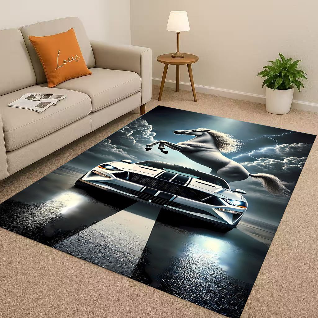 3D Mustang Racing Car Logo Moto Living Room Non-Slip Area Rug Carpet for Bedroom Playroom Sofa,Easy Clean Home Decor Doormat