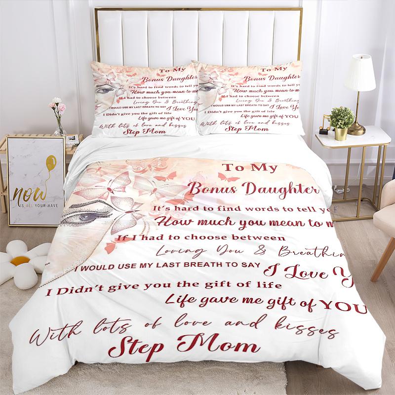 3pcs Heartfelt Message from Step Mom Bedding Set, 1 Soft Quilt Cover + 2 Pillowcases, Machine Washable, Suitable for All Seasons