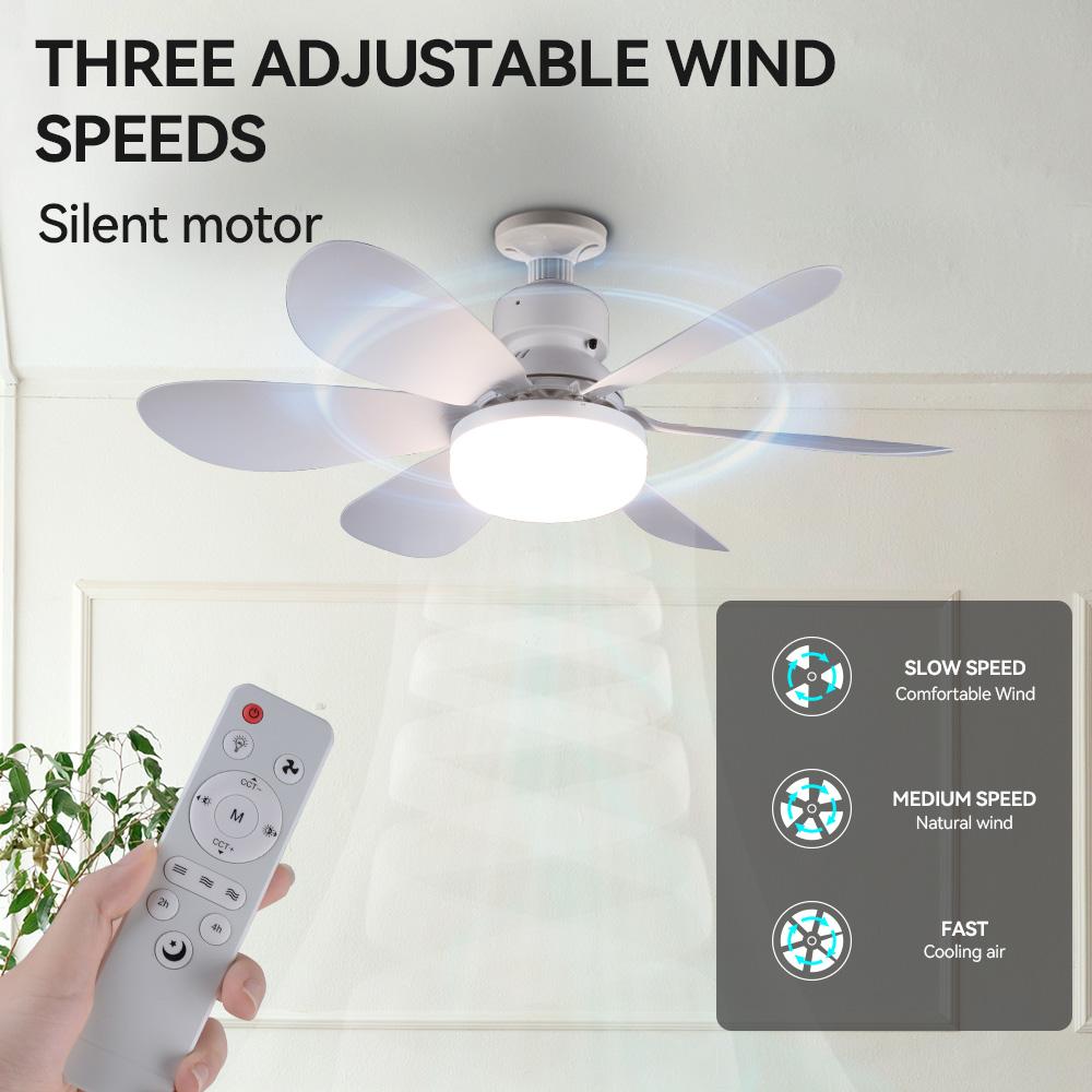 Modern Plastic LED Ceiling Fan Light E27 Screw Mount Remote Control 3 Color-Changing 3-Speed Dimmable Indoor Home Bedroom Living