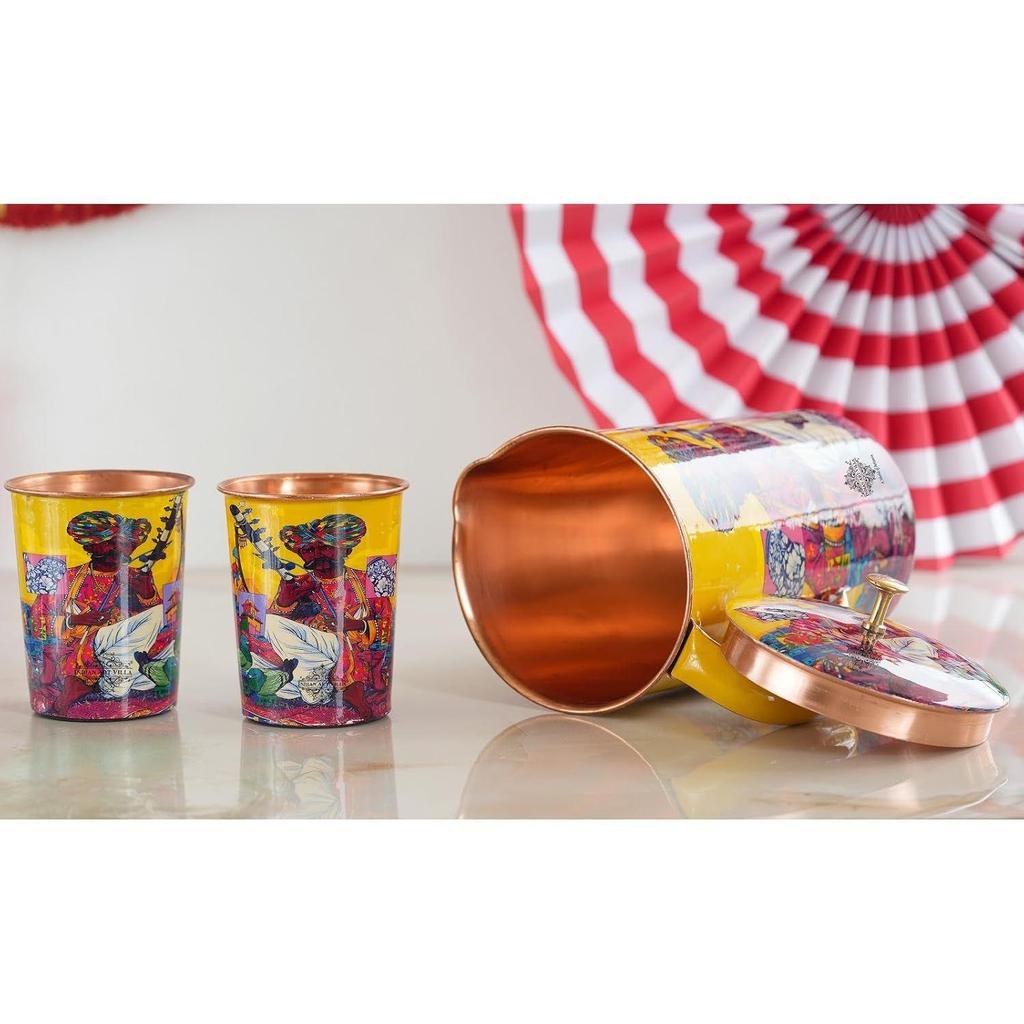 Meena Padharo Mhare Desh Theme Copper Gift Set of 1 Jug & 2 Glass - Perfect for Home, Office, and Gifting, Jug-1.5 Litre & Glass-270 ML Each