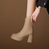 Мода 2024 Осень/Зима Новый Стиль Французские Сапоги На Высоком Каблуке Женские Круглые Сапоги Для Похудения Утолщенные Короткие Голые