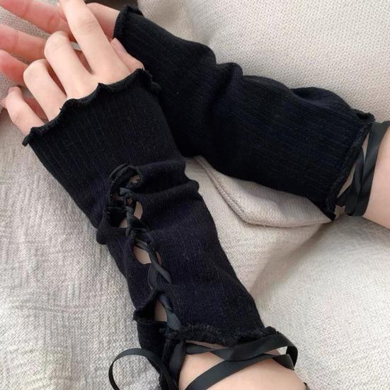 1 пара женских рукавов JK Lolita Style Hollow Out Lace-up Shirring Edge Fingerless