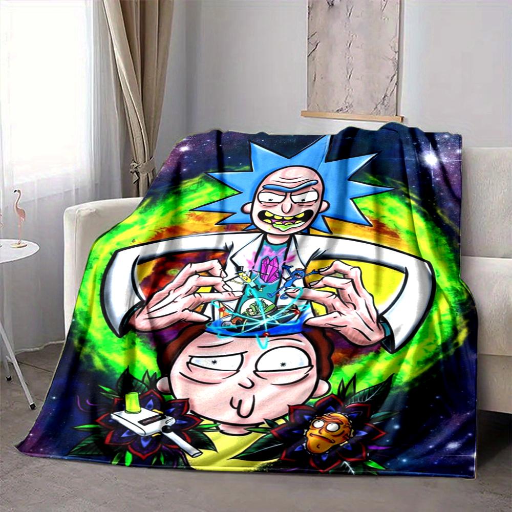 1Pc Psychedelic Rick Morty Adventure Flannel Blanket, Soft And Comfortable, Casual Warm, Camping Travel, Christmas, Halloween Xmas Gift L1511