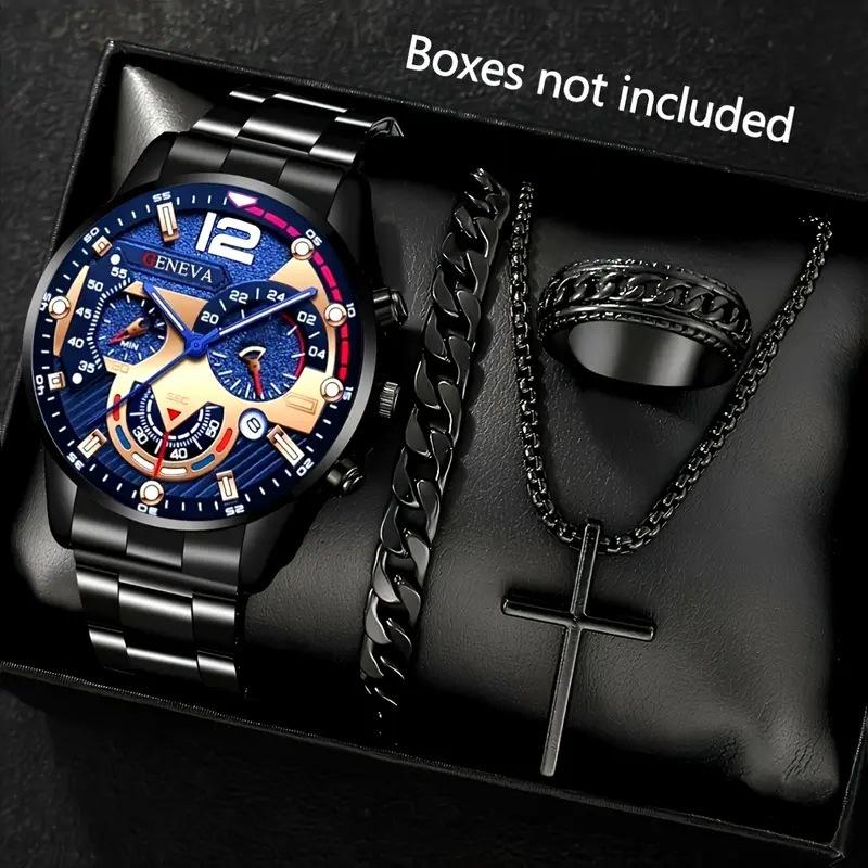 Fashion Business Geneva Calendar Watches Men's Stainless Steel Bracelet Pendant Necklace Ring Quartz Watch Set for Men
