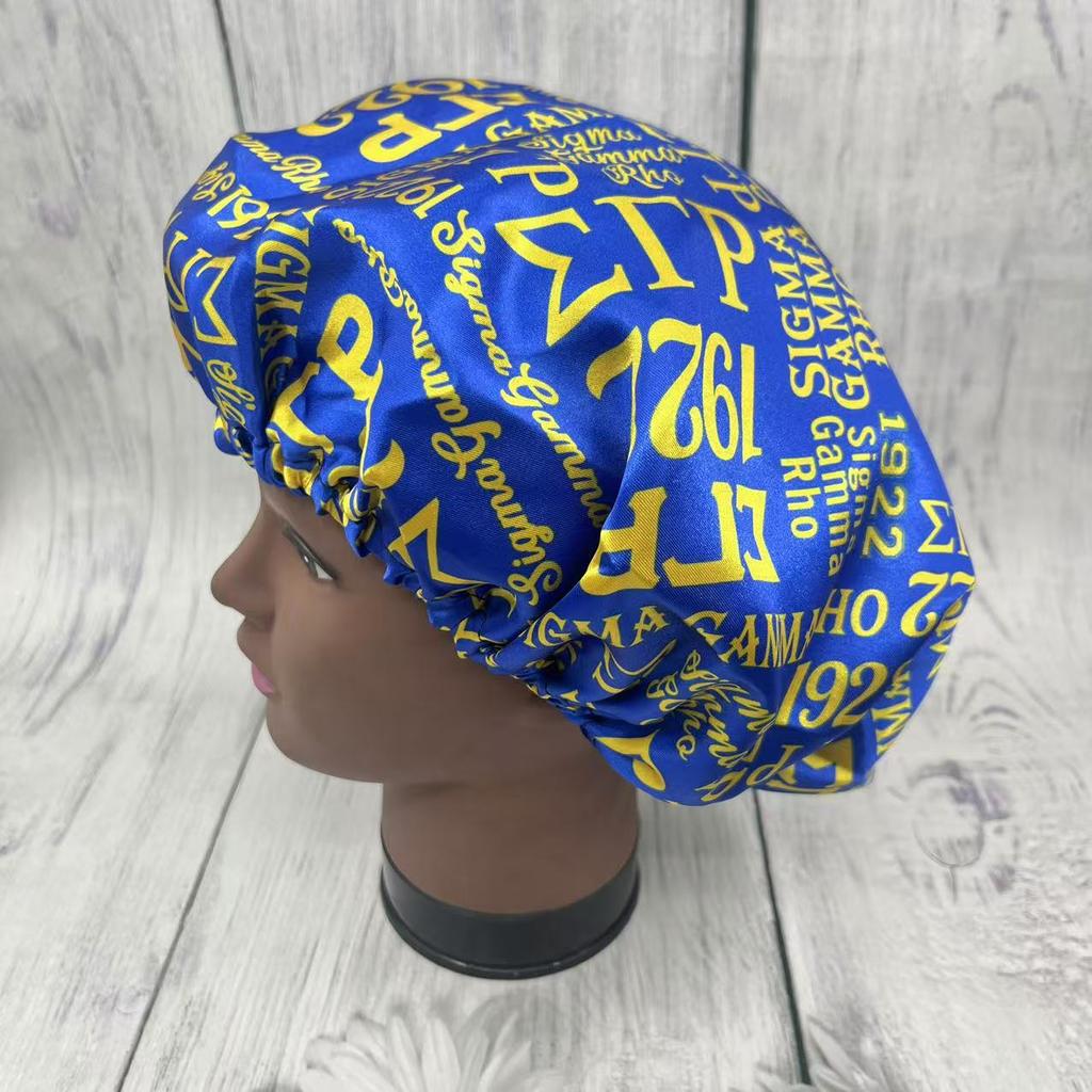 Sigma Gamma Rho Yellow Color Blue Greek Letter Campus Sorority Hair Stain Bonnets 1922 SGRho Letters Night Sleep Hat for Lady