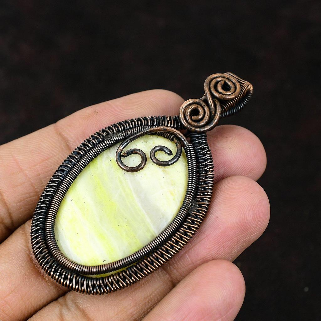 Кулон из желтого арагонита, обернутый медной проволокой, Дизайнерское украшение, Кулон ручной работы, Кулон с драгоценным камнем, Подарок для него