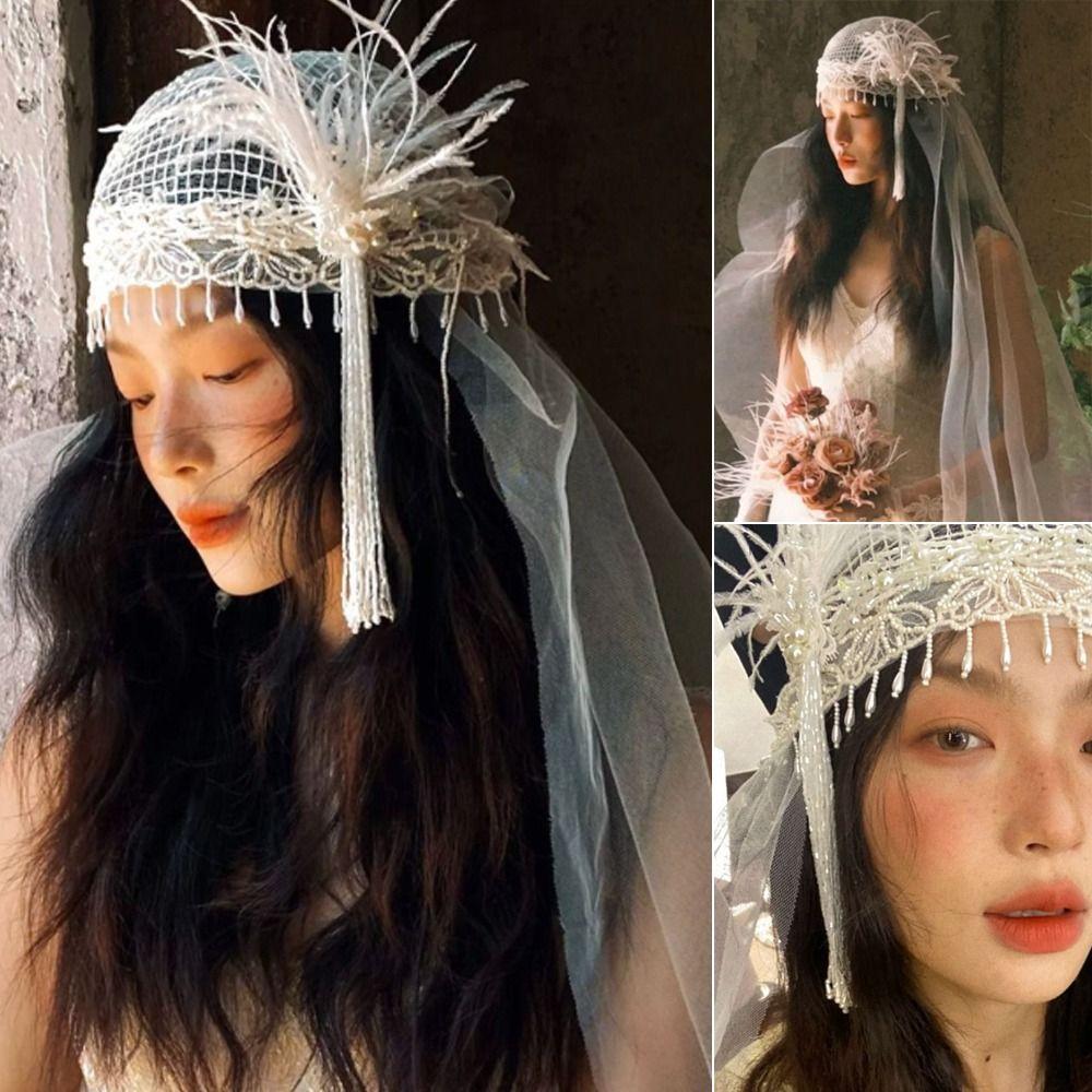 French Style Bride Lace Bow Long Headband Retro Embroidered Bride Wedding Headwear Wedding Veil