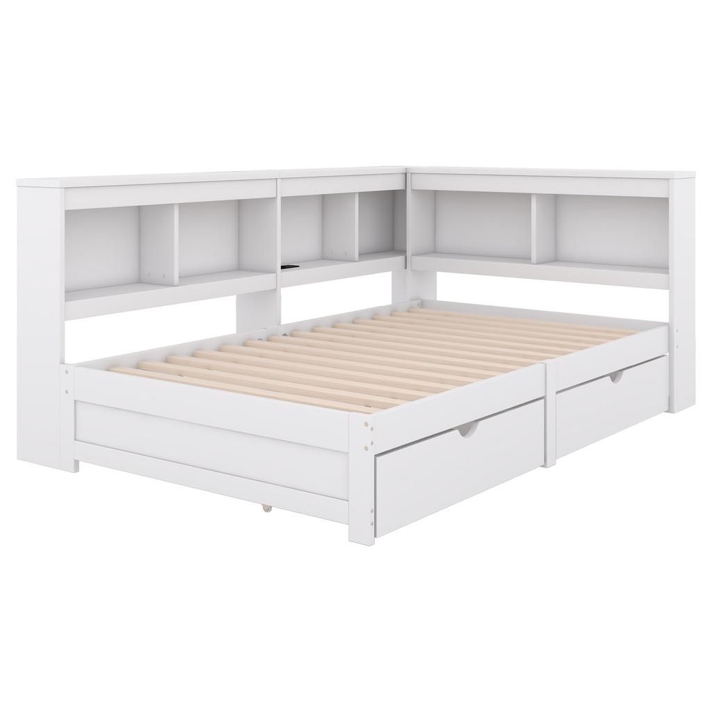 Daybed, 90 x 200 cm, Sofa Bed, Day Bed with Two Drawers, with Socket and 2 USB Ports, Bed with Slatted Frame (without Mattress), Chipboard, White