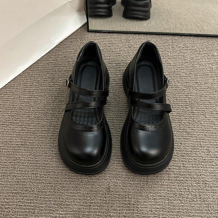 Black versatile platform British style small leather shoes women's 2025 new summer retro round head thick heel Mary Jane shoes