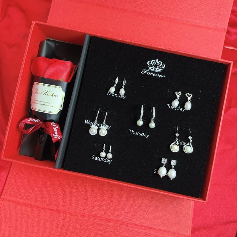 Elegant 7-Day Earring Set Women Sterling Ear Studs Clip-On Earrings Gift Boxed
