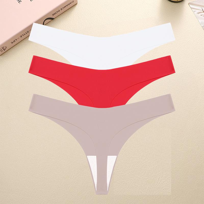 3PCS Seamless Thong Women Ice Silk T-back Intimate Solid Breathable Crotch Briefs Sexy Tanga Multiple 10 Color Lingerie