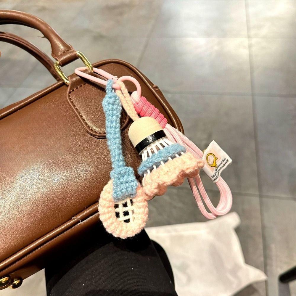 Cute Crochet Badminton Keychain Bright Color Car Keyring Knitted Badminton Pendant Key Decor