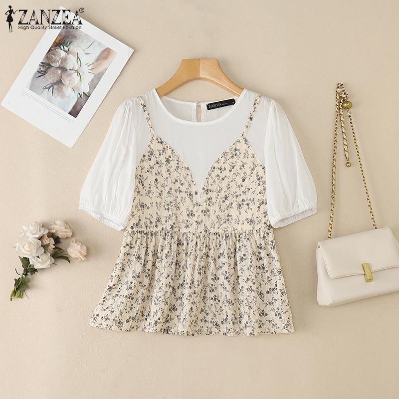 Women Print Casual Floral Zanzea Patchwork Summer Short Sleeve Blouse