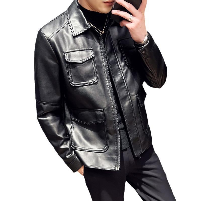 Кожаная куртка мужская осенняя куртка мужская, новая кожаная куртка с лацканами Locomotive Suit Slim Leather Jacket Casual Men