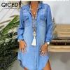 Autumn Winter Long Sleeve Breasted Pocket Solid Color Denim Shirt Dress
