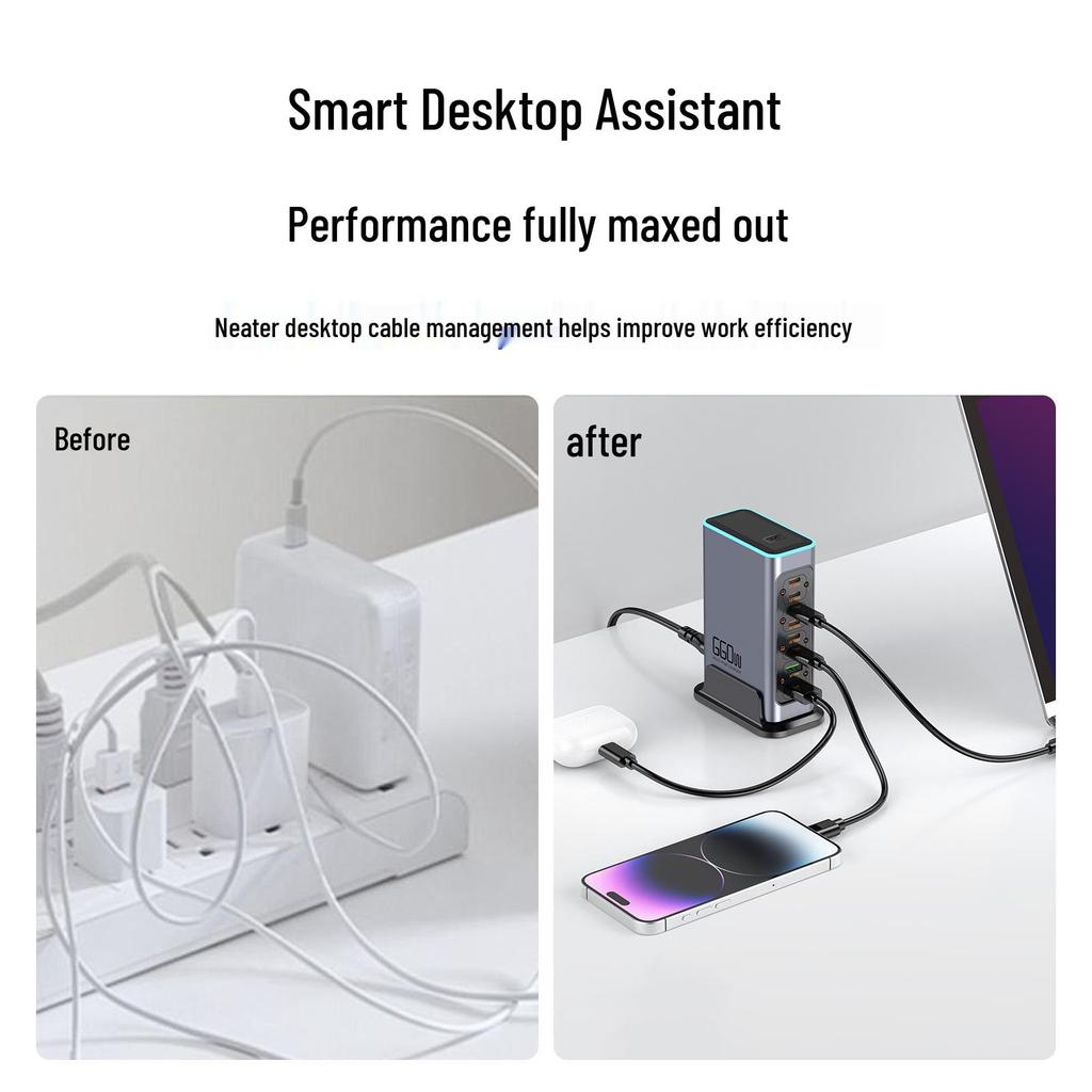 660W GaN Fast Charger for Phones & Tablets, Multi-Port Desktop Station with Flash & Apple Fast Charging