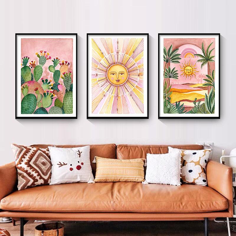 Boho Sun Cactus Banana Tree Женская леопардовая настенная живопись на холсте Плакаты на скандинавскую тему и принты настенные панно для декора гостиной