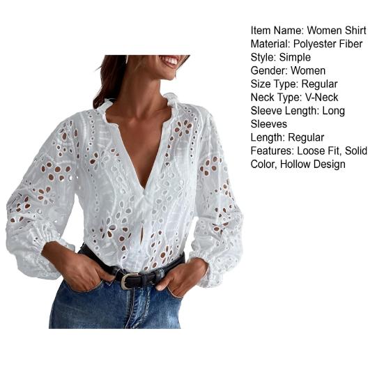 Women Shirt V-Neck Lantern Long Sleeve Single Breasted Shirt Tops Ruffle Details Hollow Design Casual