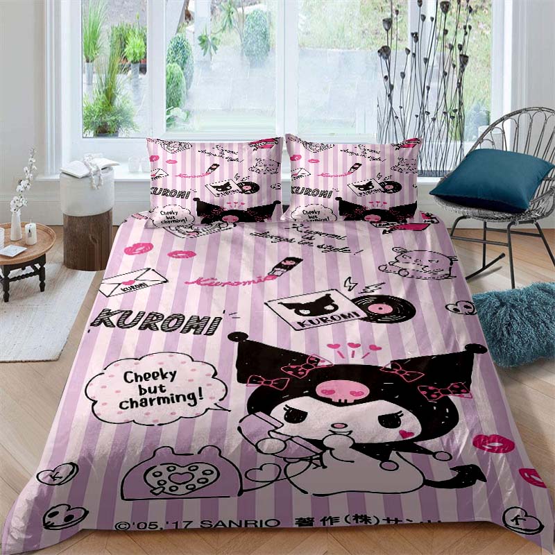 3D Printed Kuromi Cartoon Three-piece Bedding Set, Duvet Cover Set, Includes Pillowcases, No Filling.