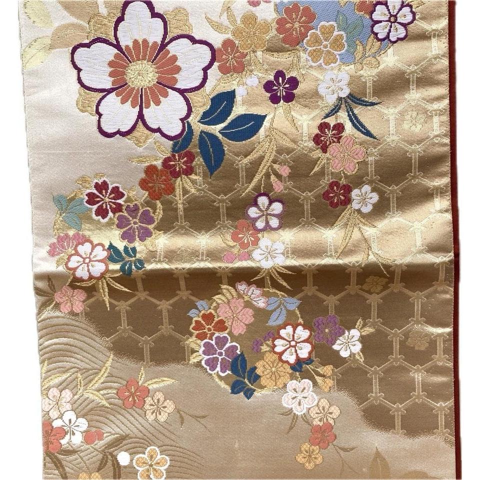 Used SALE [Good Condition] Fukuro Obi 430cm Gold Nishiki Gold Cherry Blossom Flower Pattern Gorgeous Goat Pure Silk