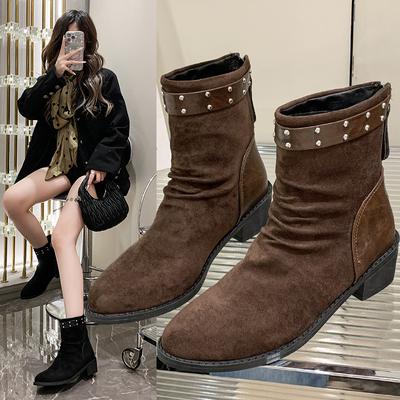 Большого размера остроносые ботильоны на толстом каблуке, новые осенние плиссированные ботинки Мартин, темпераментный средний каблук, модные ботинки женские