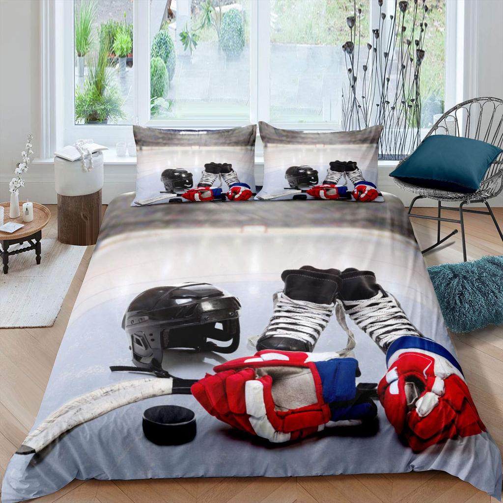 Ice Hockey Duvet Cover Twin Hockey Sports Player Bedding Set Winter Extreme Sports Game Comforter Cover Set Sports Arena Bedding