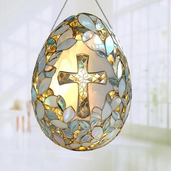 Yousheng Easter Egg Suncatcher 2D Acrylic Egg Shape Sun Catcher Window Hanging Decoration with Chain for Porch Garden Religious Home Decor