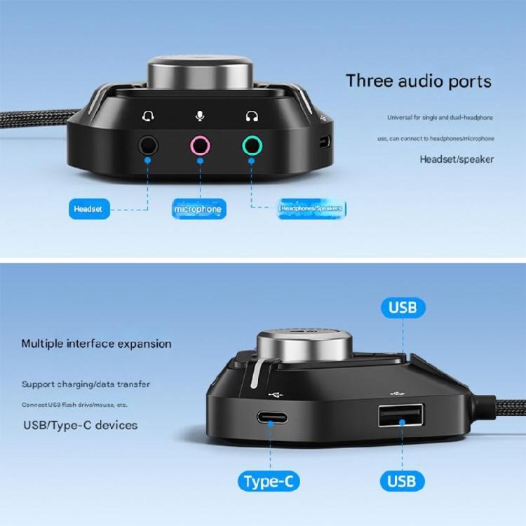 Внешняя звуковая карта USB-адаптер с 3x3,5 мм, 2xUSB, 1xType C Порт Внешняя звуковая карта для ПК, ноутбука, настольного компьютера