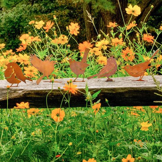 5 шт. ржавых птиц, украшения, металлический силуэт птицы, сад, двор, искусство, простая установка, железный балкон, забор, верхушка, декоративные украшения для улицы