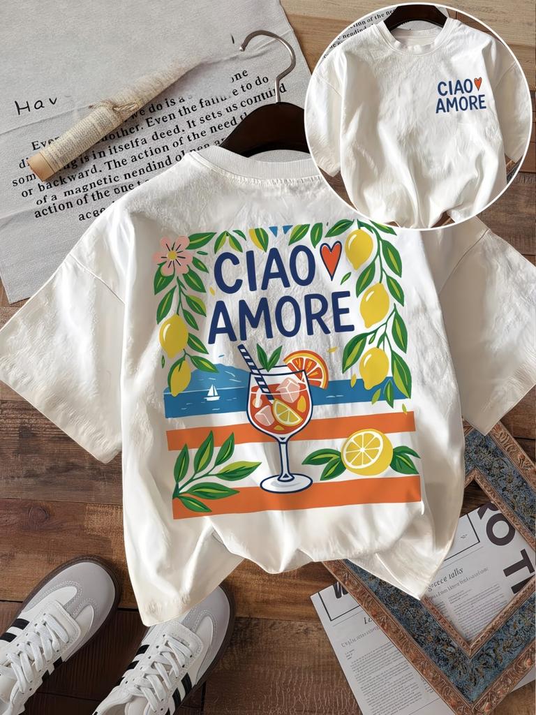 Ciao Amore Italian Graphic T Shirt Unisex Summer Mediterranean Vacation Lemon Print Tee Retro Aesthetic Harajuku  Top