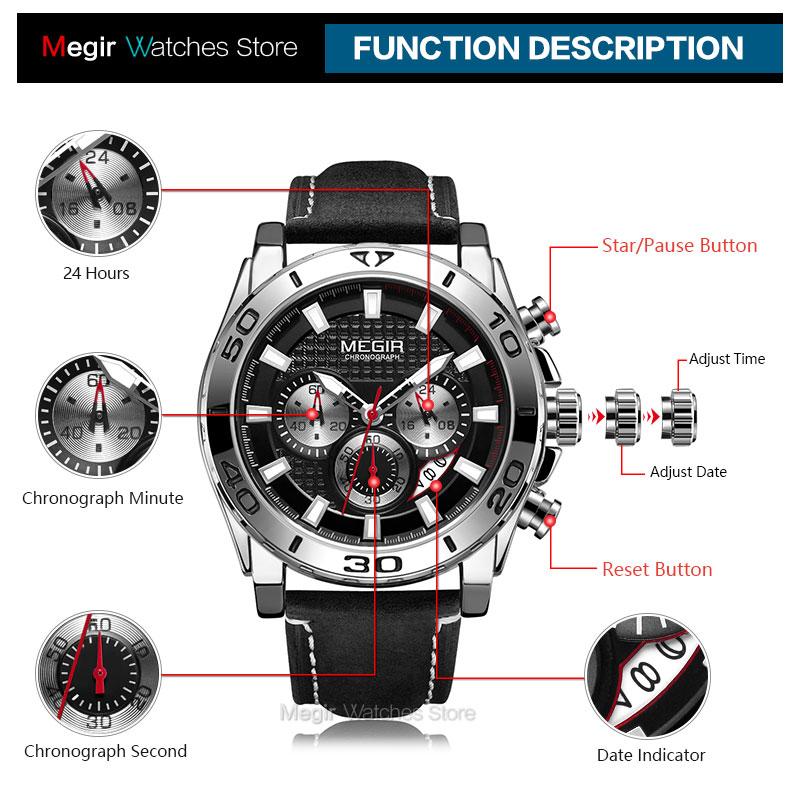 Men's Army Sports Chronograph Quartz Watches Leather Strap Luminous Waterproof Wristwatch Man Relogios Clock 2094 Silver