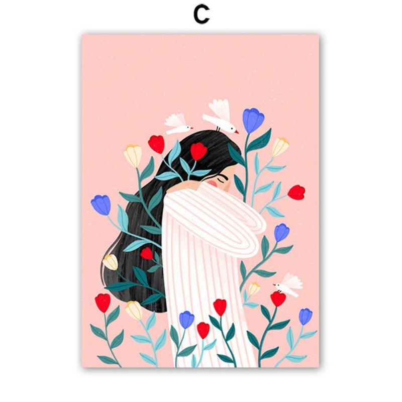 Бохо Мода Девушка Ваза с цветами Иллюстрация Настенное искусство Холст Живопись Абстрактный Постер и Принты Картины для Декора Гостиной