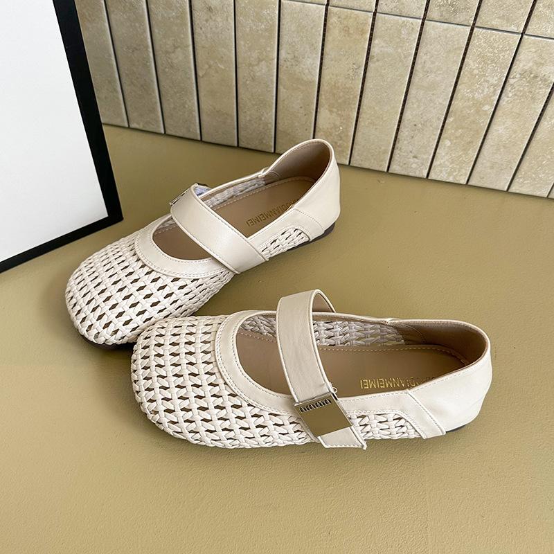 Summer New Round Head One-word Buckle Shallow Mouth Single Shoes Women's Flat Shoes Woven Hollow Mary Jane Hole Sandals