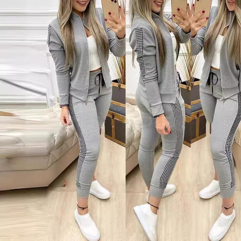 Женский комплект из двух предметов, осенний женский спортивный костюм, топ на молнии, брюки, повседневный спортивный костюм, зимний женский комплект из двух предметов