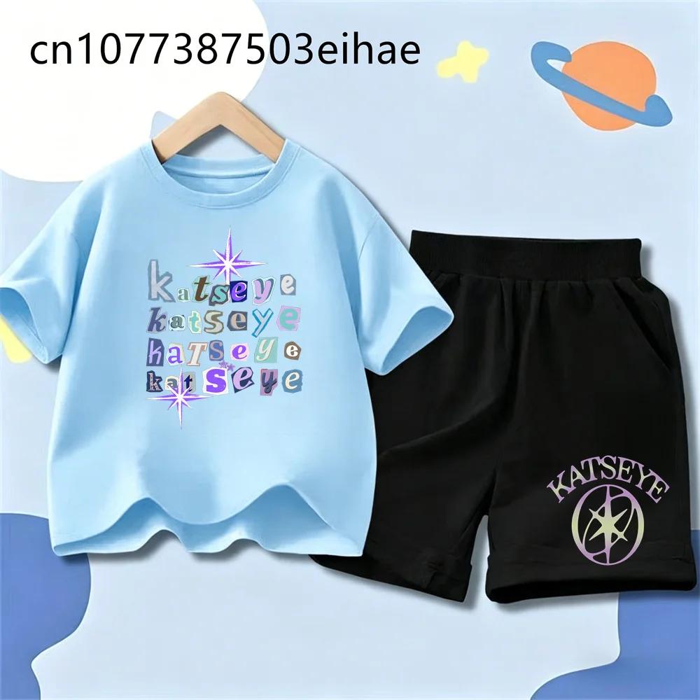 Kids Fashion Hip Hop Streetwear Katseye Funny Print Boys Girls Short Sleeve Shorts Set Casual Sportswear Trendy Youth Clothing