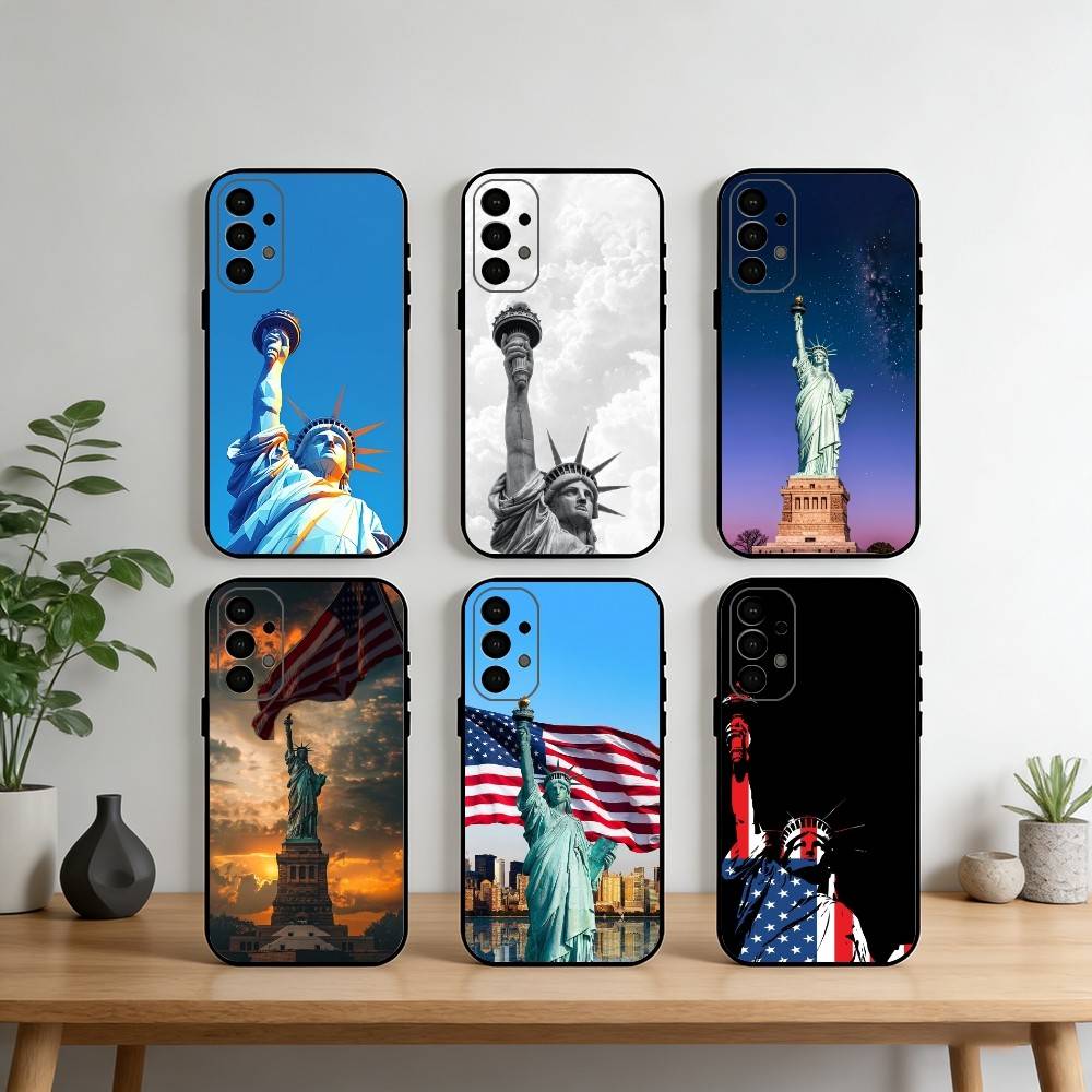 America USA Flag S-Statue Liberty Phone Case For Samsung S25,S24,S21,S22,S23,S30,Ultra,S20,Plus,Fe,Note,10,9,5G Black Cover