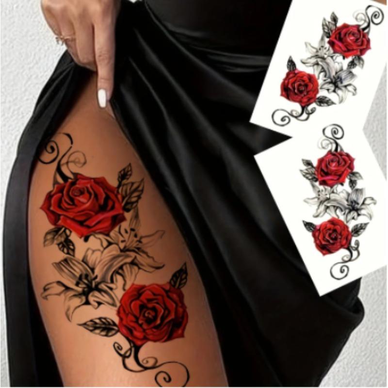 Red Temporary Rose Flower Arm & Leg Tattoo Stickers, Stripper Chest & Thigh Design, Waterproof, Perfect For Women